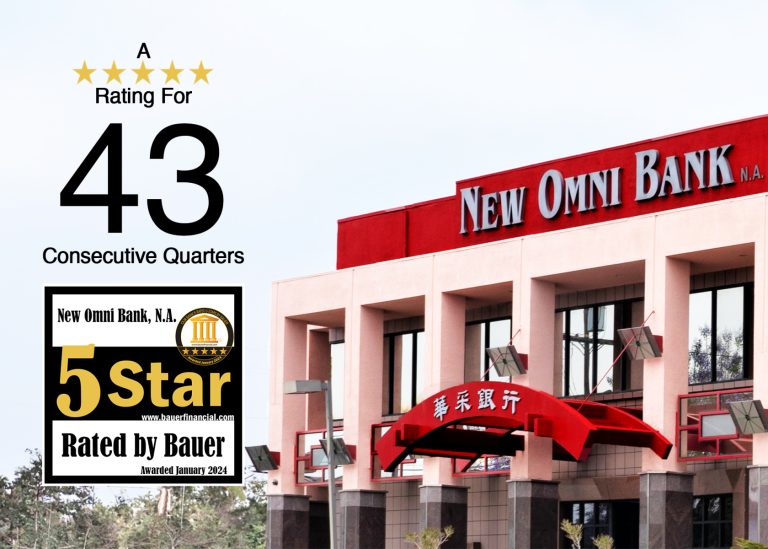 An image stating New Omni Bank being ranked 5 Stars for 43 consecutive quarters with a badge from BauerFinancial, Inc.