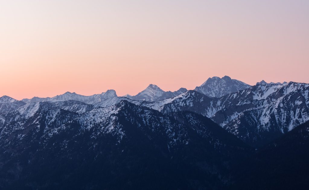Overview of mountains in sunset