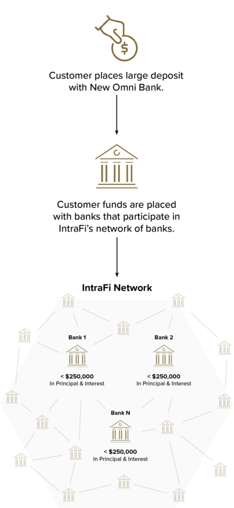 With IntraFi, customer places large deposits with New Omni Bank. The funds will then be placed with IntraFi's network banks.