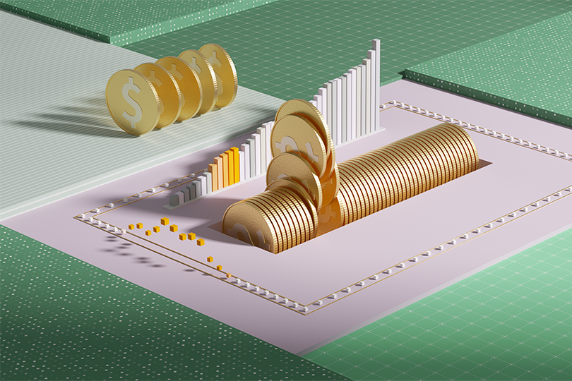 A diagram of gold coins and financial chart