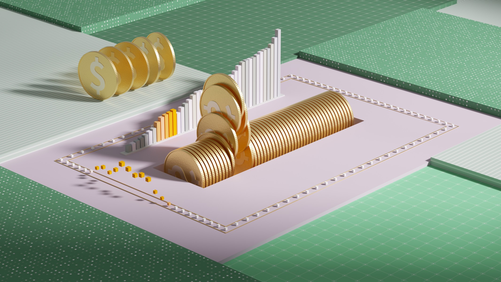 A diagram of gold coins and financial chart