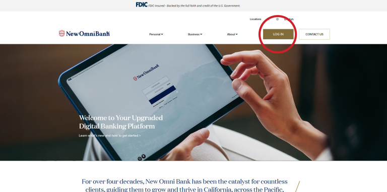 A screenshot of newomnibank.com, with the LOG IN button at the top right corner of the page