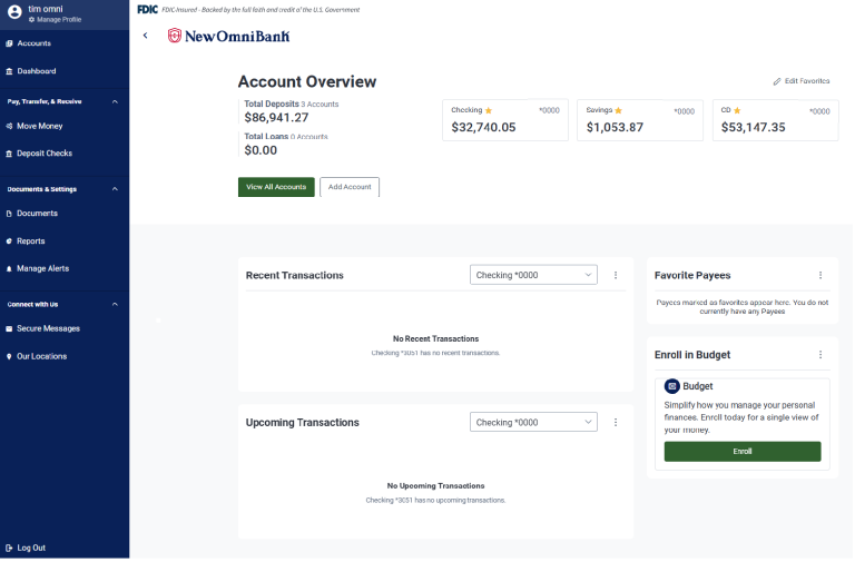 A screenshot of the online banking dashboard