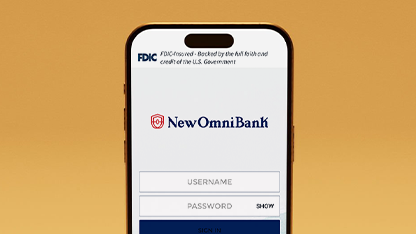 A mobile showing the login screen of New Omni Bank's mobile app