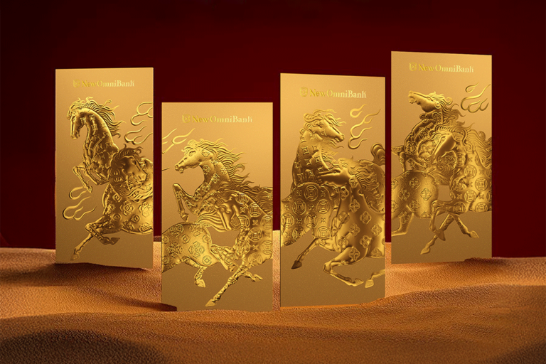 Four gold New Omni Bank envelopes lined up horizontally to form a continuous, flowing illustration of a galloping horse.