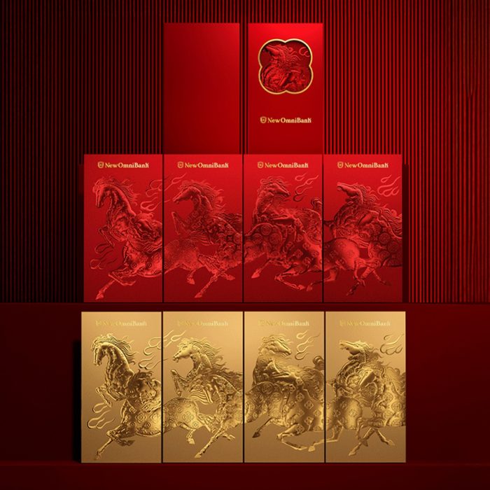 A display of Lunar New Year envelopes, showing the contrast between the four gold and four red metallic finishes.