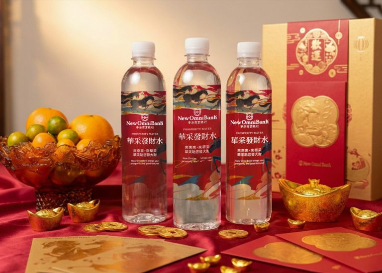 Three Prosperity Waters by New Omni Bank placed side by side