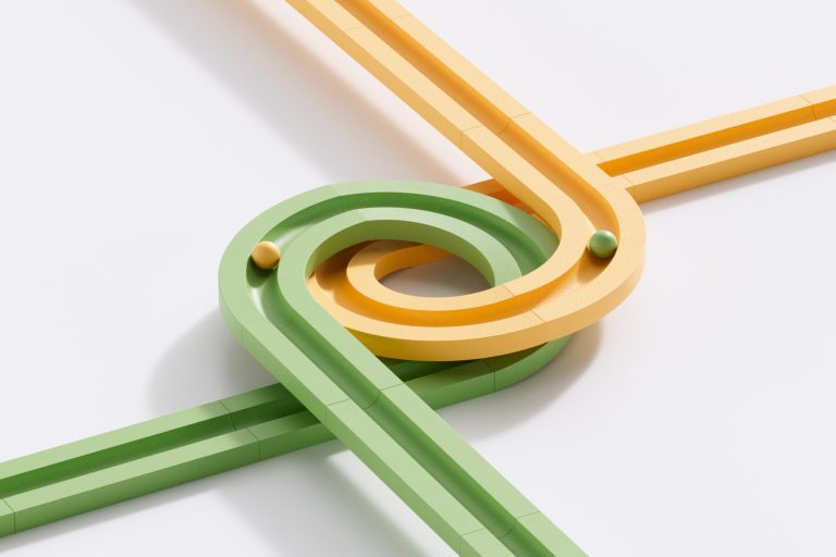 Conceptual illustration of spheres moving along an infinity-shaped path representing business efficiency and financial performance.