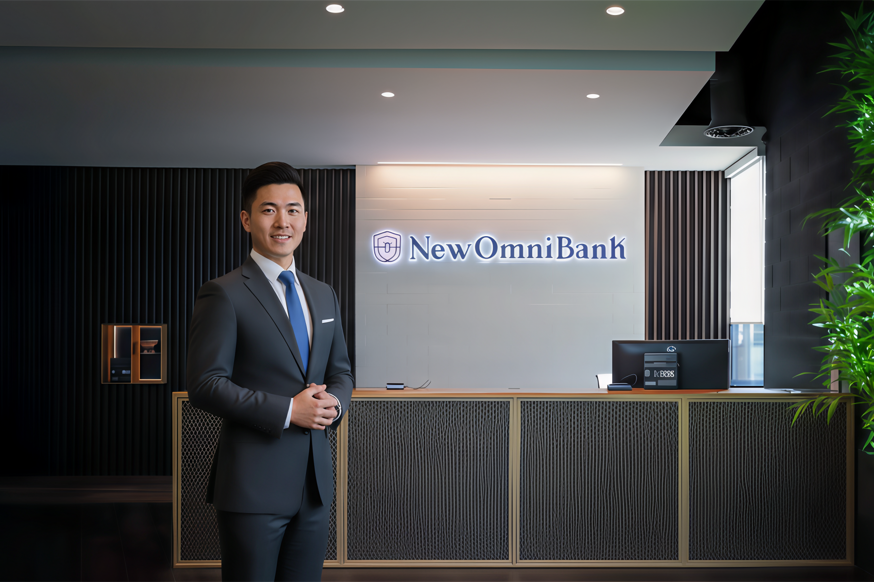 一位銀行專員在華采商業銀行分行內迎接前來辦理業務的客戶。